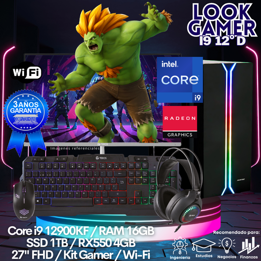 LOOK GAMER Core i9-12900KF "D", RAM 16GB, SSD 1TB, Video RX550 4GB, Wi-Fi, Enfriamiento Líquido, Monitor 27″ FHD, Kit Gamer.