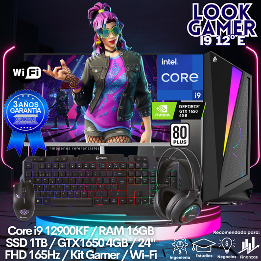 LOOK GAMER Core i9-12900KF "E", RAM 16GB, SSD 1TB, Video GTX1650 4GB, Wi-Fi, Enfriamiento Líquido, Monitor 24″ FHD 165Hz, Kit Gamer.