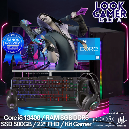 LOOK GAMER Core i5-13400 "A", RAM 8GB DDR5, SSD 500GB, Monitor 22″ FHD, Kit Gamer.