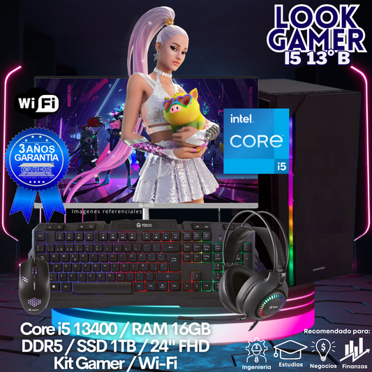 LOOK GAMER Core i5-13400 "B", RAM 16GB DDR5, SSD 1TB, Wi-Fi, Monitor 24″ FHD, Kit Gamer.