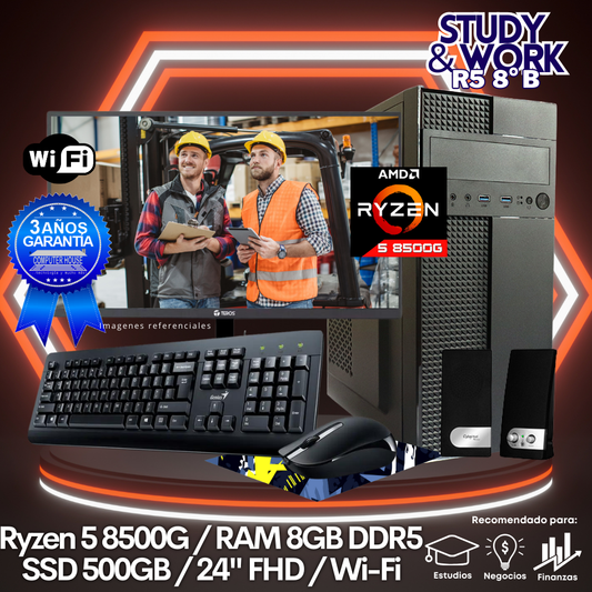 Desktop Ryzen 5-8500G "B", RAM 8GB DDR5, SSD 500GB, Wi-Fi, Monitor 24″ FHD, Kit Teclado + Mouse, Parlantes o Audífono.