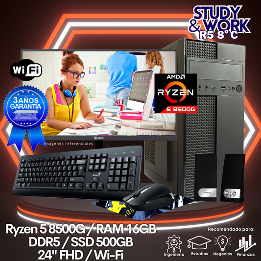 Desktop Ryzen 5-8500G "C", RAM 16GB DDR5, SSD 500GB, Wi-Fi, Monitor 24″ FHD, Kit Teclado + Mouse, Parlantes o Audífono.