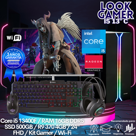 LOOK GAMER Core i5-13400F "C", RAM 16GB DDR5, SSD 500GB, Video R9 370 4GB, Wi-Fi, Monitor 24″ FHD, Kit Gamer.