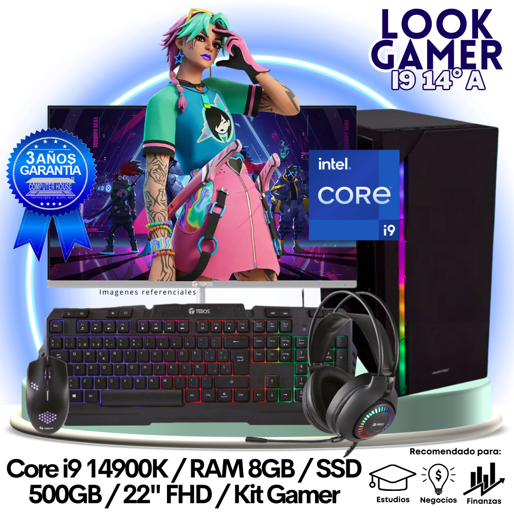 LOOK GAMER Core i9-14900K "A", RAM 8GB DDR5, SSD 500GB, Monitor 22″ FHD, Kit Gamer.