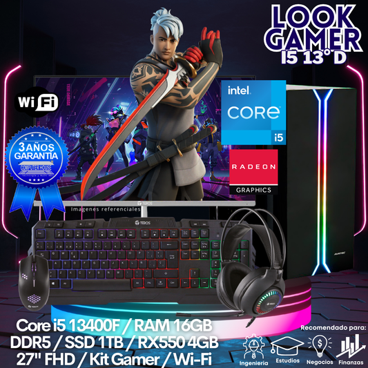 LOOK GAMER Core i5-13400F "D", RAM 16GB DDR5, SSD 1TB, Video RX550 4GB, Wi-Fi, Monitor 27″ FHD, Kit Gamer.