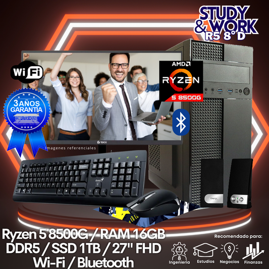 Desktop Ryzen 5-8500G "D", RAM 16GB DDR5, SSD 1TB, Wi-Fi, Bluetooth, Monitor 27″ FHD, Kit Teclado + Mouse, Parlantes o Audífono.