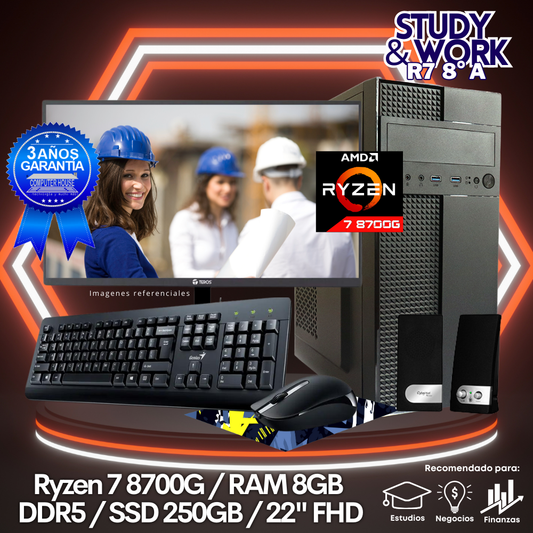 Desktop Ryzen 7-8700G "A", RAM 8GB DDR5, SSD 250GB, Monitor 22″ FHD, Kit Teclado + Mouse, Parlantes o Audífono.