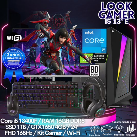 LOOK GAMER Core i5-13400F "E", RAM 16GB DDR5, SSD 1TB, Video GTX1650 4GB, Wi-Fi, Monitor 24″ FHD 165Hz, Kit Gamer.