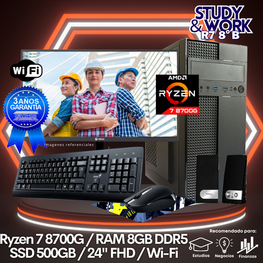 Desktop Ryzen 7-8700G "B", RAM 8GB DDR5, SSD 500GB, Wi-Fi, Monitor 24″ FHD, Kit Teclado + Mouse, Parlantes o Audífono.