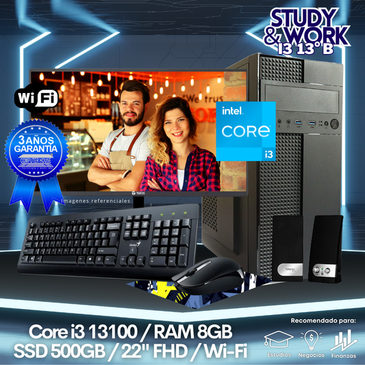 Desktop Core i3-13100 "B", RAM 8GB, SSD 500GB, Wi-Fi, Monitor 22″ FHD, Kit Teclado + Mouse, Parlantes o Audífono.