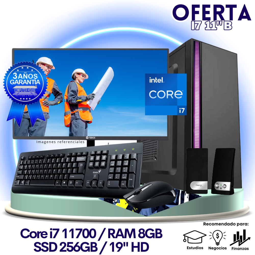 OFERTA TRABAJO & ESTUDIOS: Core i7-11700 "B", RAM 8GB, SSD 256GB, Monitor 19″ HD, Teclado + Mouse + Parlantes.