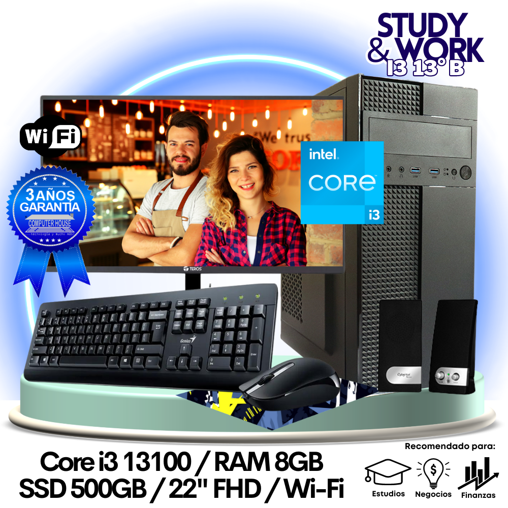 Desktop Core i3-13100 "B", RAM 8GB, SSD 500GB, Wi-Fi, Monitor 22″ FHD, Teclado + Mouse + Parlantes o Audífono.