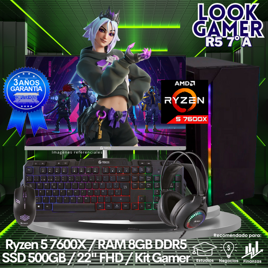 LOOK GAMER Ryzen 5-7600X "A", RAM 8GB DDR5, SSD 500GB, Enfriamiento Líquido, Monitor 22″ FHD, Kit Gamer.