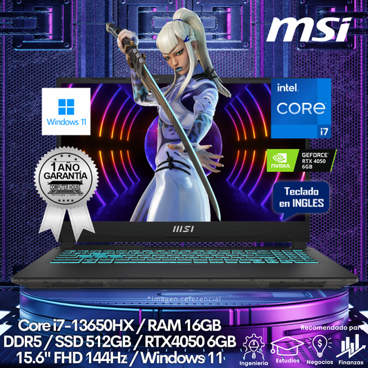 Laptop MSI Cyborg A13VE, Core i7-13650HX, RAM 16GB DDR5, SSD 512GB, Video RTX4050 6GB, 15.6" FHD 144Hz, Teclado en Inglés, Windows 11.