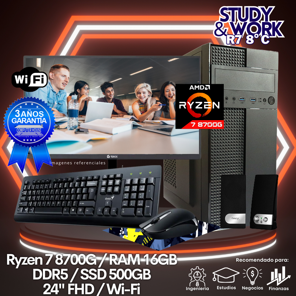 Desktop Ryzen 7-8700G "C", RAM 16GB DDR5, SSD 500GB, Wi-Fi, Monitor 24″ FHD, Kit Teclado + Mouse, Parlantes o Audífono.