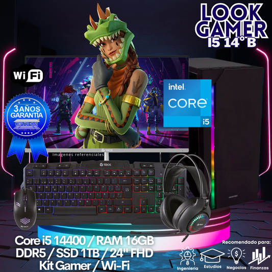 LOOK GAMER Core i5-14400 "B", RAM 16GB DDR5, SSD 1TB, Wi-Fi, Monitor 24″ FHD, Kit Gamer.