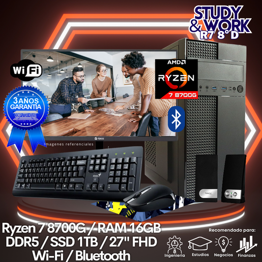 Desktop Ryzen 7-8700G "D", RAM 16GB DDR5, SSD 1TB, Wi-Fi, Bluetooth, Monitor 27″ FHD, Kit Teclado + Mouse, Parlantes o Audífono.