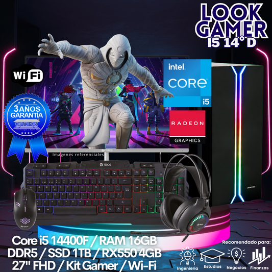 LOOK GAMER Core i5-14400F "D", RAM 16GB DDR5, SSD 1TB, Video RX550 4GB, Wi-Fi, Monitor 27″ FHD, Kit Gamer.