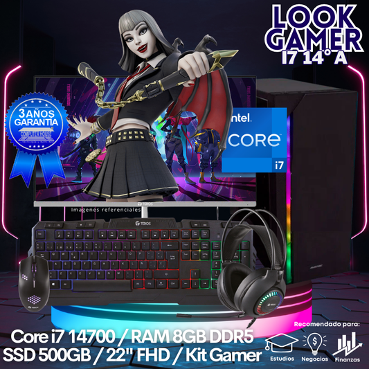 LOOK GAMER Core i7-14700 "A", RAM 8GB DDR5, SSD 500GB, Monitor 22″ FHD, Kit Gamer.