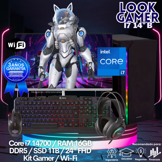 LOOK GAMER Core i7-14700 "B", RAM 16GB DDR5, SSD 1TB, Wi-Fi, Monitor 24″ FHD, Kit Gamer.