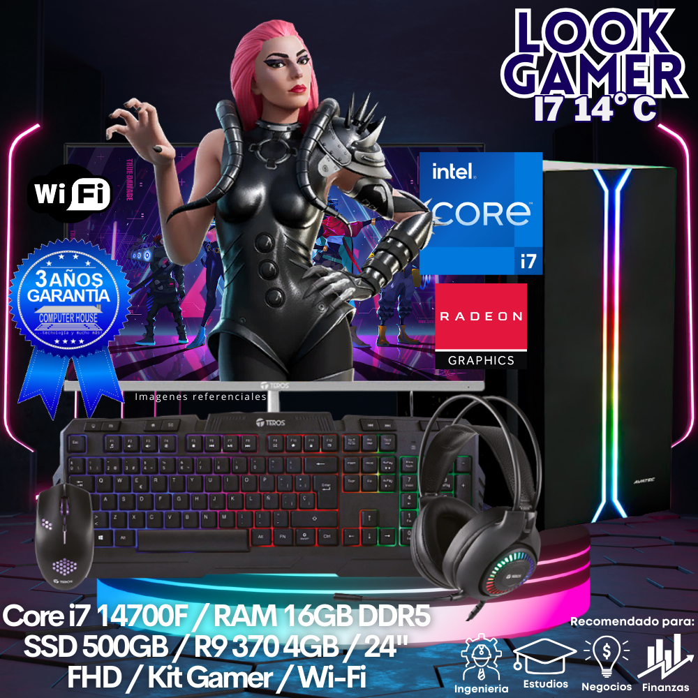 LOOK GAMER Core i7-14700F "C", RAM 16GB DDR5, SSD 500GB, Video G9 370 4GB, Wi-Fi, Monitor 24″ FHD, Kit Gamer.