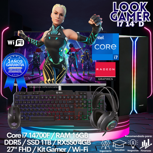 LOOK GAMER Core i7-14700F "D", RAM 16GB DDR5, SSD 1TB, Video RX550 4GB, Wi-Fi, Monitor 27″ FHD, Kit Gamer.