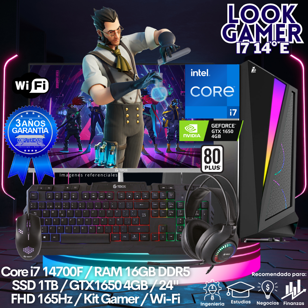 LOOK GAMER Core i7-14700F "E", RAM 16GB DDR5, SSD 1TB, Video GTX1650 4GB, Wi-Fi, Monitor 24″ FHD 165Hz, Kit Gamer.