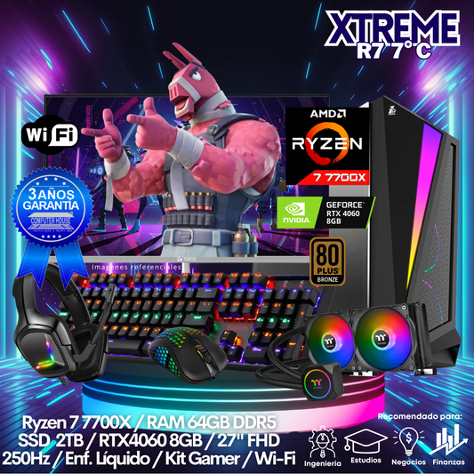 XTREME Ryzen 7-7700X "C", RAM 64GB DDR5, SSD 4TB, Video RTX4060 8GB, Wi-Fi, Enfriamiento Líquido, Monitor 27″ FHD 250Hz, Kit Gamer.