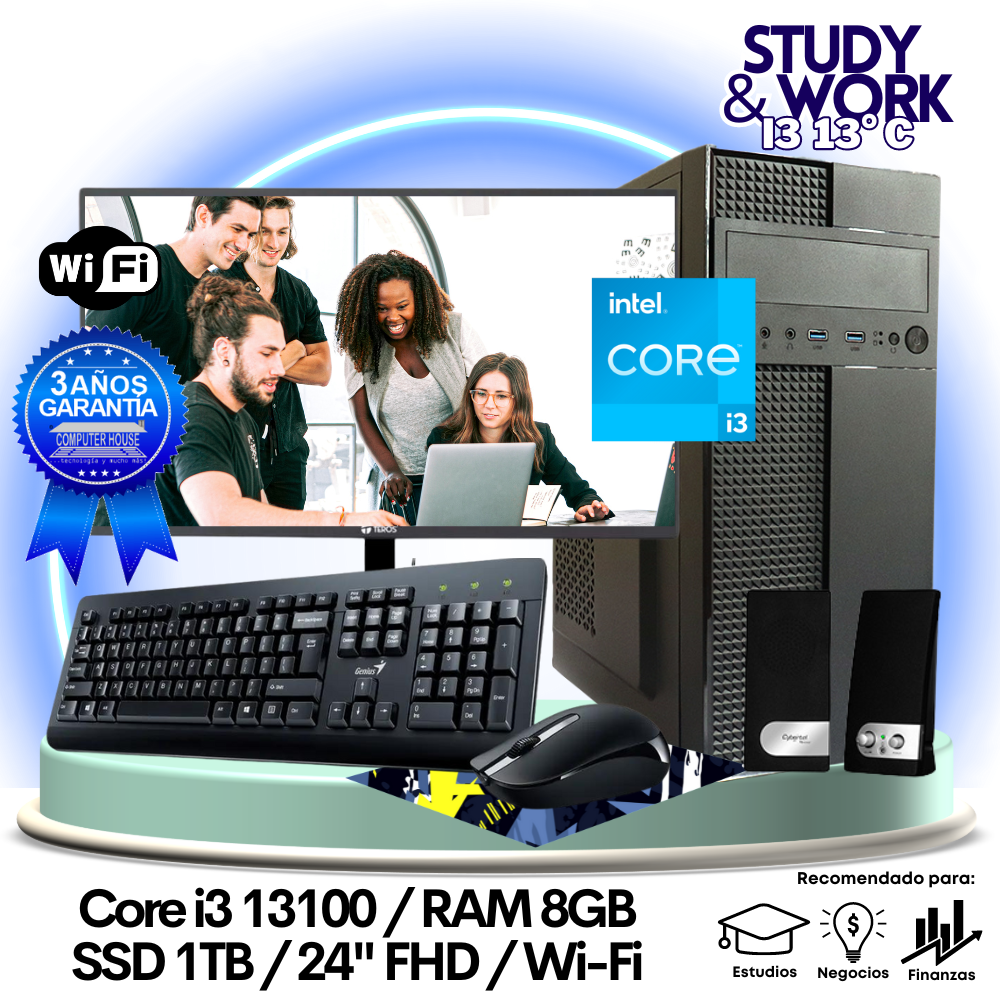 Desktop Core i3-13100 "C", RAM 8GB, SSD 1TB, Wi-Fi, Monitor 24″ FHD, Teclado + Mouse + Parlantes o Audífono.