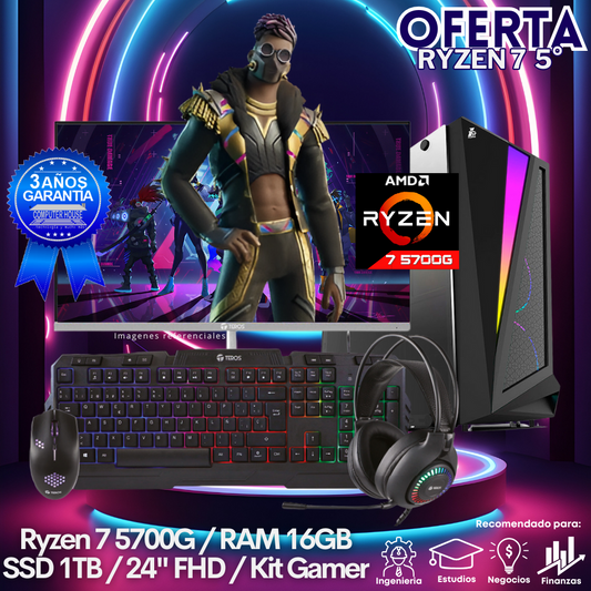 OFERTA: Look Gamer Ryzen 7-5700G, RAM 16GB, SSD 1TB, Monitor 24″ FHD, Kit Gamer.