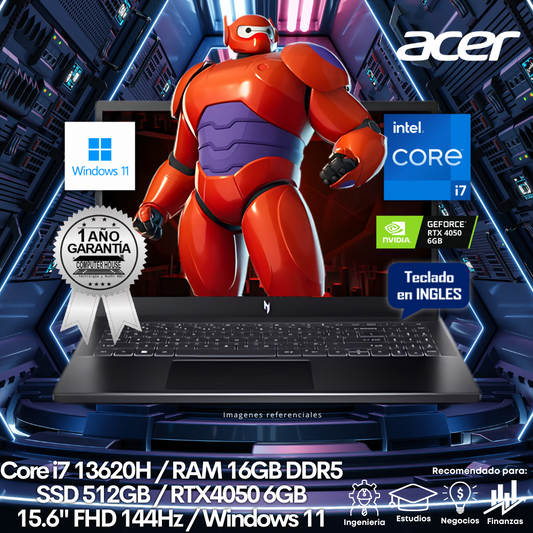 Laptop ACER Nitro V 15, Core i7-13620H, RAM 16GB DDR5, SSD 512GB, Video RTX4050 6GB, 15.6" FHD 144Hz, Teclado en Inglés, Windows 11.