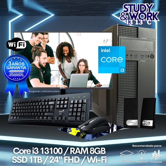 Desktop Core i3-13100 "C", RAM 8GB, SSD 1TB, Wi-Fi, Monitor 24″ FHD, Kit Teclado + Mouse, Parlantes o Audífono.