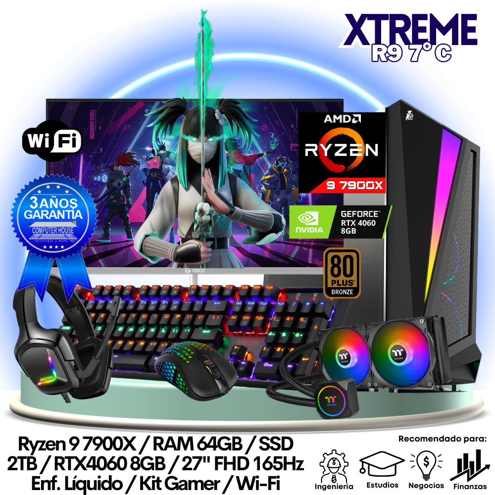 XTREME Ryzen 9-7900X "C", RAM 64GB, SSD 2TB, Video RTX4060 8GB, Wi-Fi, Enfriamiento Líquido, Monitor 27″ FHD 165Hz + Kit Gamer.