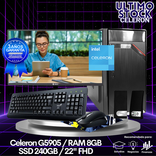 Ultimo Stock: Desktop Celeron G5905 "A", RAM 8GB, SSD 240GB, Monitor 22″ FHD, Kit Teclado + Mouse, Parlantes.