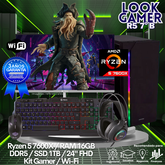 LOOK GAMER Ryzen 5-7600X "B", RAM 16GB DDR5, SSD 1TB, Wi-Fi, Enfriamiento Líquido, Monitor 24″ FHD, Kit Gamer.