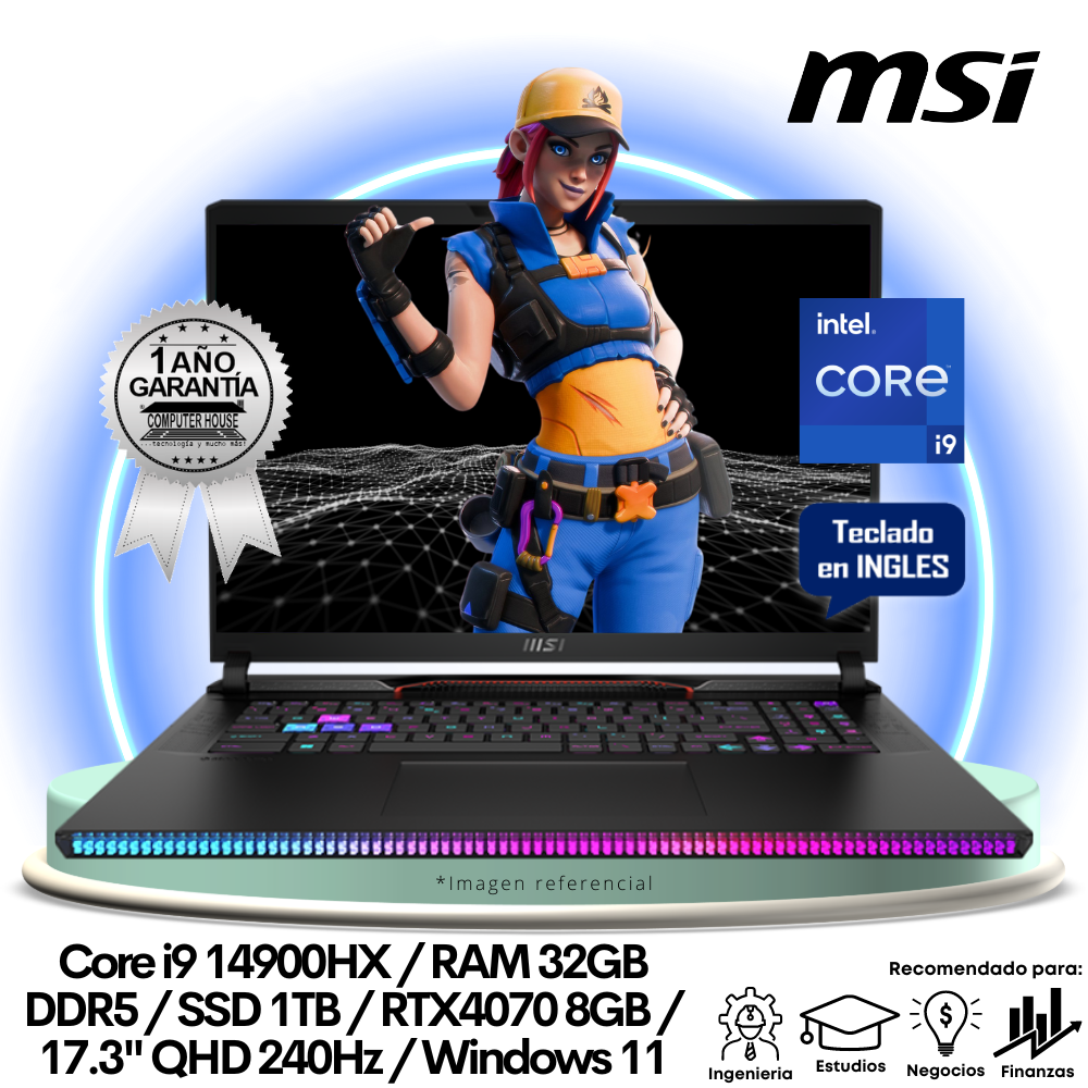 Laptop MSI Raider GE78HX, Core i9-14900HX, RAM 32GB DDR5, SSD 1TB, Video RTX4070 8GB, 17.3″ FHD 240Hz, Teclado en Inglés, Windows 11.
