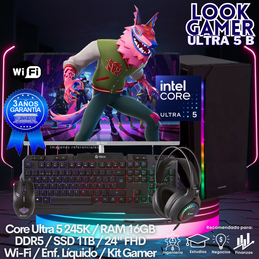 LOOK GAMER Core Ultra 5-245K "B", RAM 16GB DDR5, SSD 1TB, Wi-Fi, Enfriamiento Líquido, Monitor 24″ FHD, Kit Gamer.