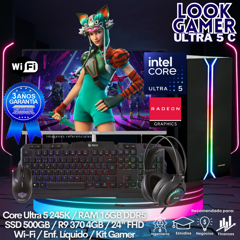 LOOK GAMER Core Ultra 5-245K "C", RAM 16GB DDR5, SSD 500GB, Video R9 370 4GB, Wi-Fi, Enfriamiento Líquido, Monitor 24″ FHD, Kit Gamer.