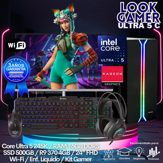 LOOK GAMER Core Ultra 5-245K "C", RAM 16GB DDR5, SSD 500GB, Video R9 370 4GB, Wi-Fi, Enfriamiento Líquido, Monitor 24″ FHD, Kit Gamer.