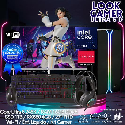 LOOK GAMER Core Ultra 5-245K "D", RAM 16GB DDR5, SSD 1TB, Video RX550 4GB, Wi-Fi, Enfriamiento Líquido, Monitor 27″ FHD, Kit Gamer.