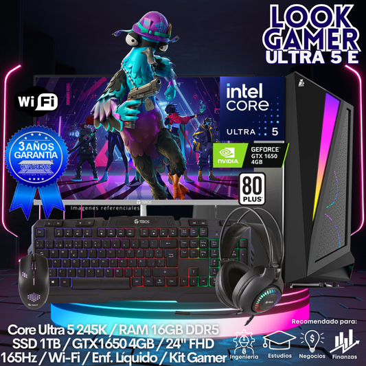 LOOK GAMER Core Ultra 5-245K "E", RAM 16GB DDR5, SSD 1TB, Video GTX1650 4GB, Wi-Fi, Enfriamiento Líquido, Monitor 24″ FHD 165Hz, Kit Gamer.