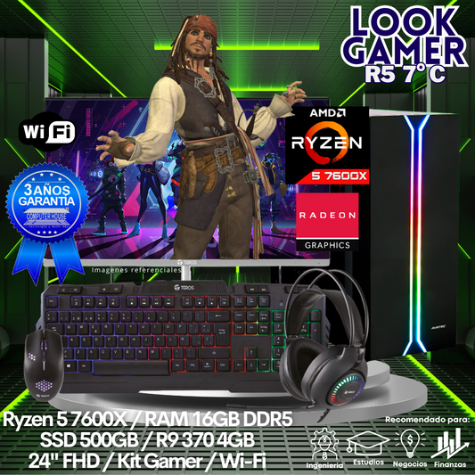 LOOK GAMER Ryzen 5-7600X "C", RAM 16GB DDR5, SSD 500GB, Video R9 370 4GB, Wi-Fi, Enfriamiento Líquido, Monitor 24″ FHD, Kit Gamer.