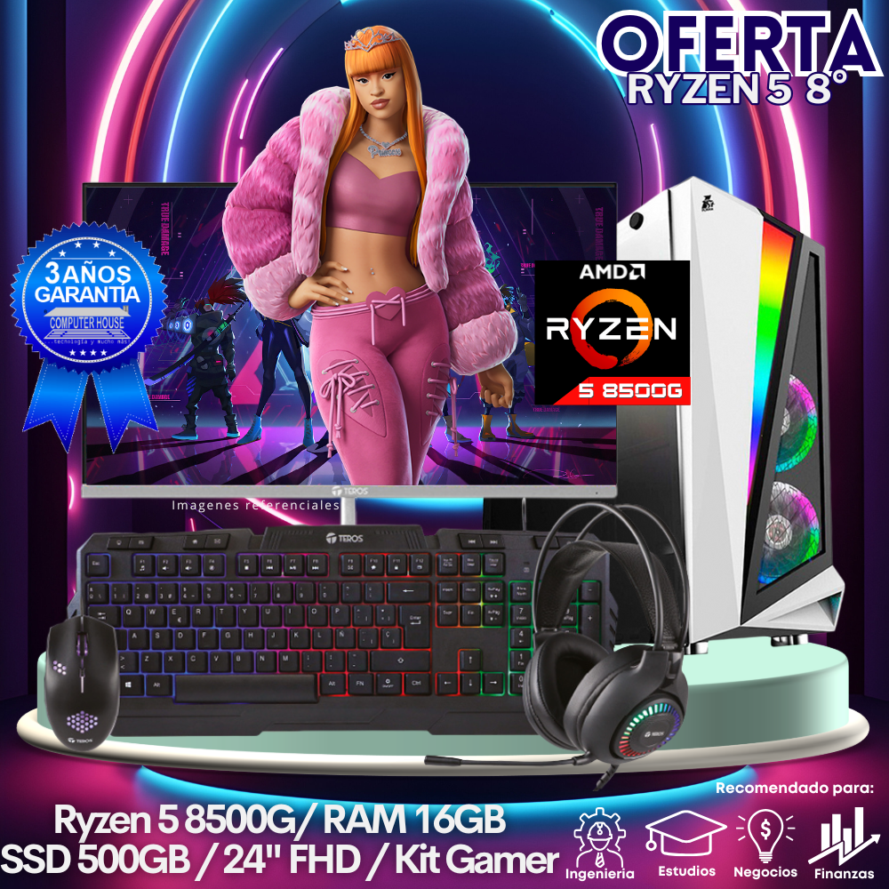 OFERTA: Look Gamer Ryzen 5-8500G, RAM 16GB DDR5, SSD 500GB, Monitor 24″ FHD, Kit Gamer.