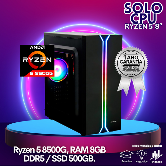 Solo CPU: Look Gamer Ryzen 5-8500G "A", RAM 8GB DDR5, SSD 500GB.