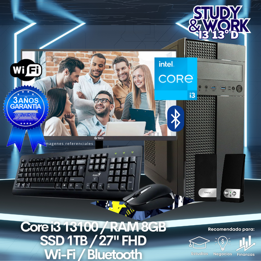 Desktop Core i3-13100 "D", RAM 8GB, SSD 1TB, Wi-Fi, Bluetooth, Monitor 27″ FHD, Kit Teclado + Mouse, Parlantes o Audífono.