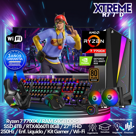 XTREME Ryzen 7-7700X "D", RAM 64GB DDR5, SSD 4TB, Video RTX4060TI 8GB, Wi-Fi, Enfriamiento Líquido, Monitor 27″ FHD 250Hz, Kit Gamer.