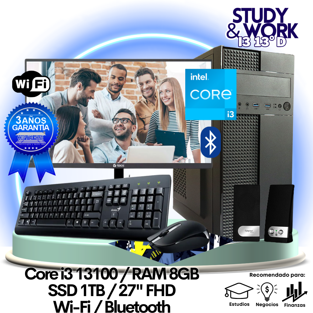 Desktop Core i3-13100 "D", RAM 8GB, SSD 1TB, Wi-Fi, Bluetooth, Monitor 27″ FHD, Teclado + Mouse + Parlantes o Audífono.