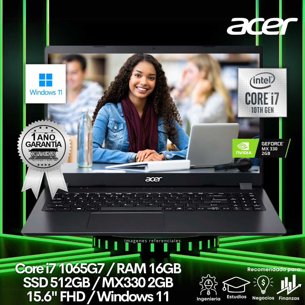 Laptop ACER Aspire 3 A315, Core i7-1065G7, RAM 16GB, SSD 512GB, Video MX330 2GB, 15.6″, Windows 11. (LIQUIDACION con yaya en marco en pantalla)