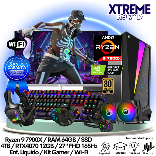XTREME Ryzen 9-7900X "D", RAM 64GB, SSD 4TB, Video RTX4070 12GB, Wi-Fi, Enfriamiento Líquido, Monitor 27″ FHD 165Hz, Kit Gamer.