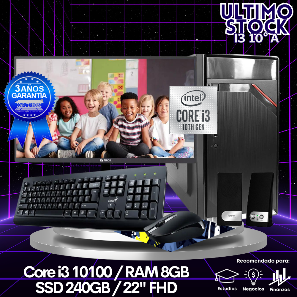 Ultimo Stock: Desktop Core i3-10105 "A", RAM 8GB, SSD 240GB, Monitor 22″ FHD, Kit Teclado + Mouse, Parlantes.